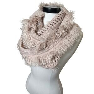 Cream Crochet Infinity Scarf Eyelash Fringe Shaggy Knit Loop Boho Cozy Layering